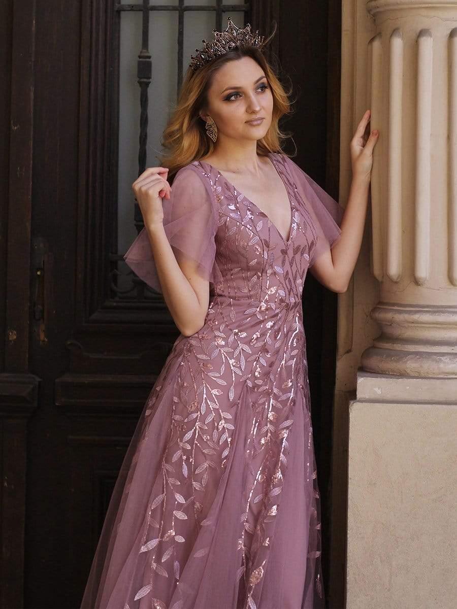 Grace | Fitted V-Neck Ruffle Sleeve Prom Dress