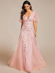Grace | Fitted V-Neck Ruffle Sleeve Prom Dress