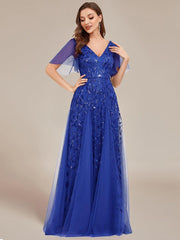 Grace | Fitted V-Neck Ruffle Sleeve Prom Dress