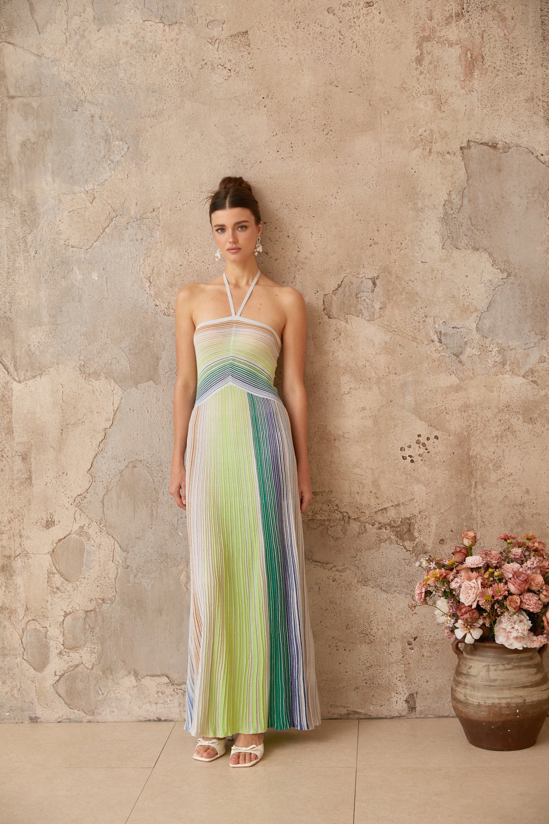 Helene | Sleeveless Halterneck Striped Maxi Dress