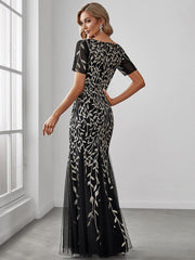 Henrietta | Fishtail Prom Dress with Sequin Leaf Pattern and Half Sleeves