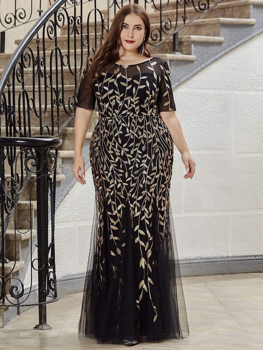 Henrietta | Fishtail Prom Dress with Sequin Leaf Pattern and Half Sleeves