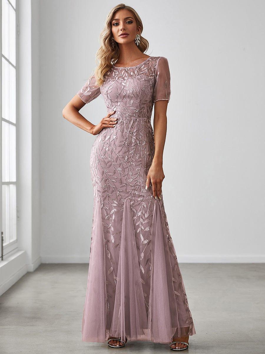 Henrietta | Fishtail Prom Dress with Sequin Leaf Pattern and Half Sleeves