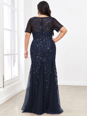 Henrietta | Fishtail Prom Dress with Sequin Leaf Pattern and Half Sleeves