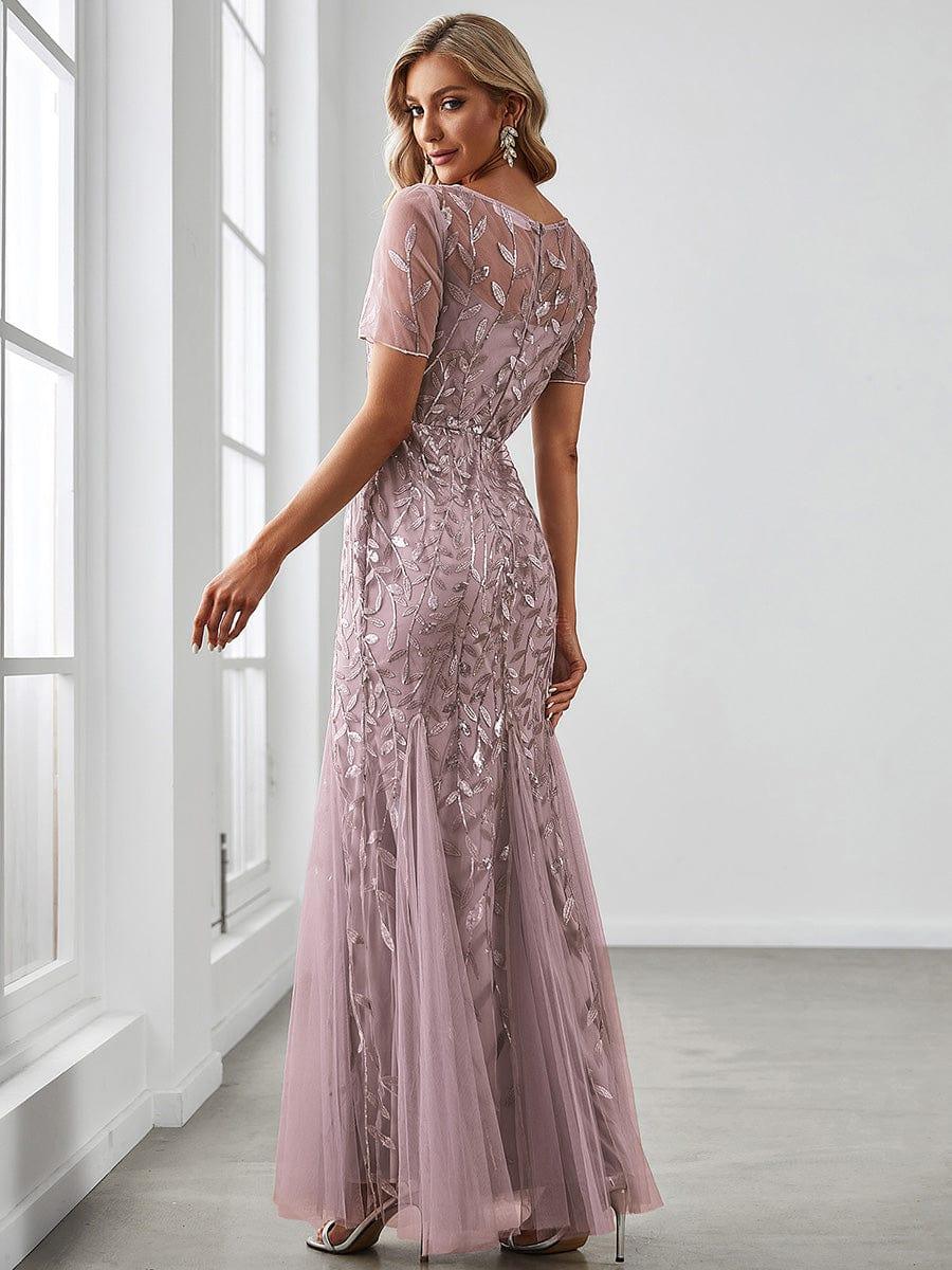 Henrietta | Fishtail Prom Dress with Sequin Leaf Pattern and Half Sleeves