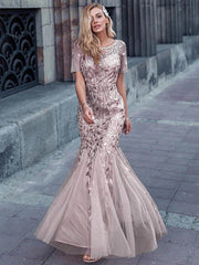 Henrietta | Fishtail Prom Dress with Sequin Leaf Pattern and Half Sleeves