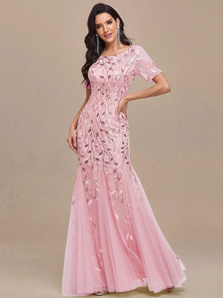 Henrietta | Fishtail Prom Dress with Sequin Leaf Pattern and Half Sleeves