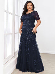 Henrietta | Fishtail Prom Dress with Sequin Leaf Pattern and Half Sleeves