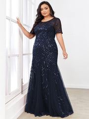 Henrietta | Fishtail Prom Dress with Sequin Leaf Pattern and Half Sleeves