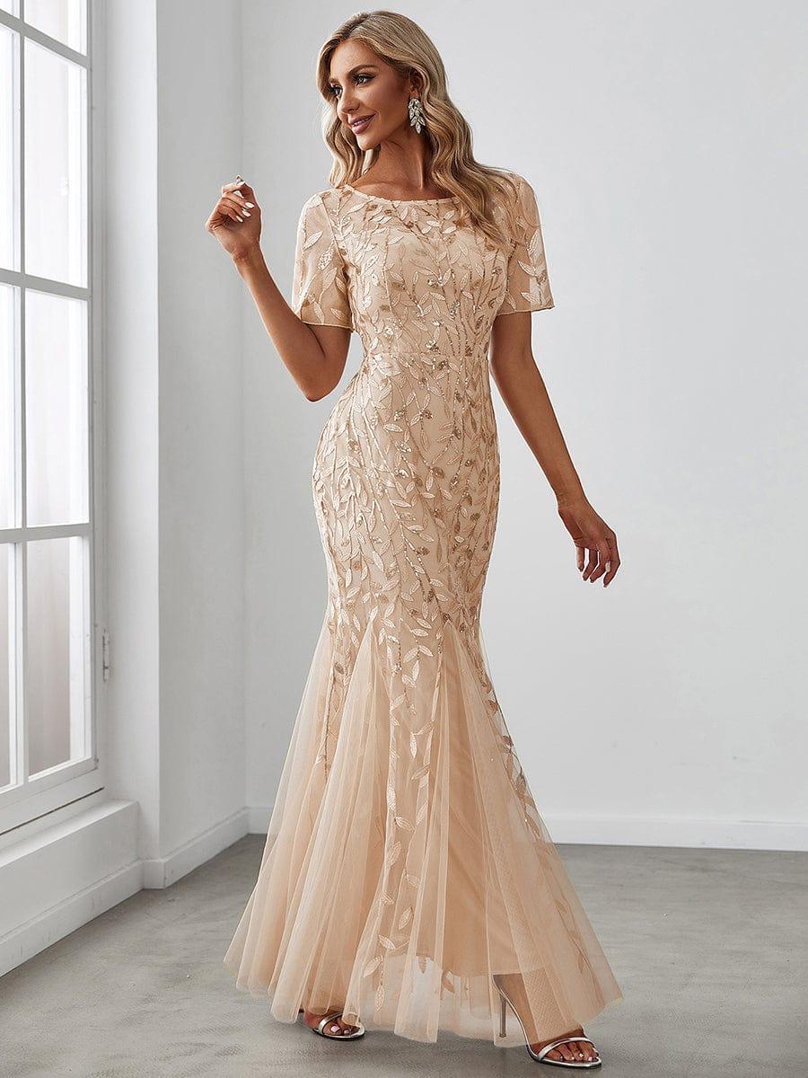 Henrietta | Fishtail Prom Dress with Sequin Leaf Pattern and Half Sleeves