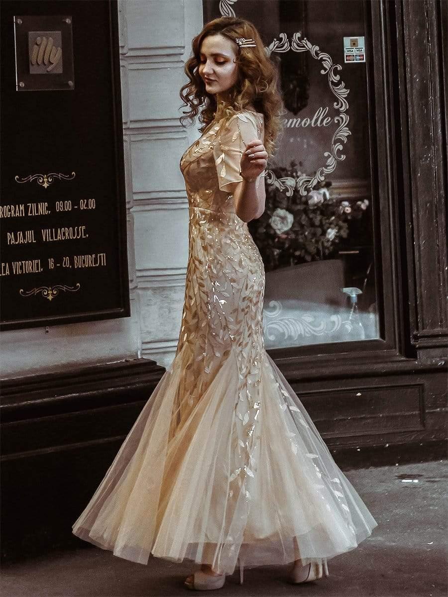 Henrietta | Fishtail Prom Dress with Sequin Leaf Pattern and Half Sleeves
