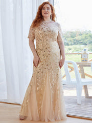Henrietta | Fishtail Prom Dress with Sequin Leaf Pattern and Half Sleeves