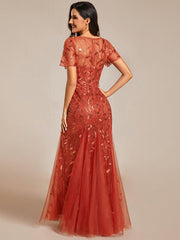 Henrietta | Fishtail Prom Dress with Sequin Leaf Pattern and Half Sleeves