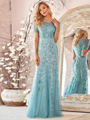 Henrietta | Fishtail Prom Dress with Sequin Leaf Pattern and Half Sleeves