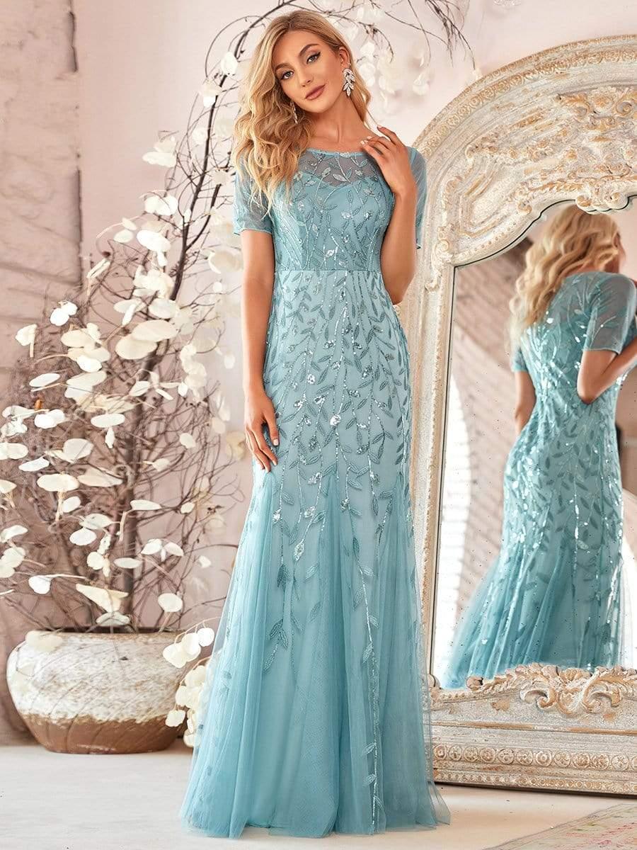 Henrietta | Fishtail Prom Dress with Sequin Leaf Pattern and Half Sleeves