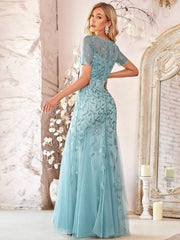 Henrietta | Fishtail Prom Dress with Sequin Leaf Pattern and Half Sleeves