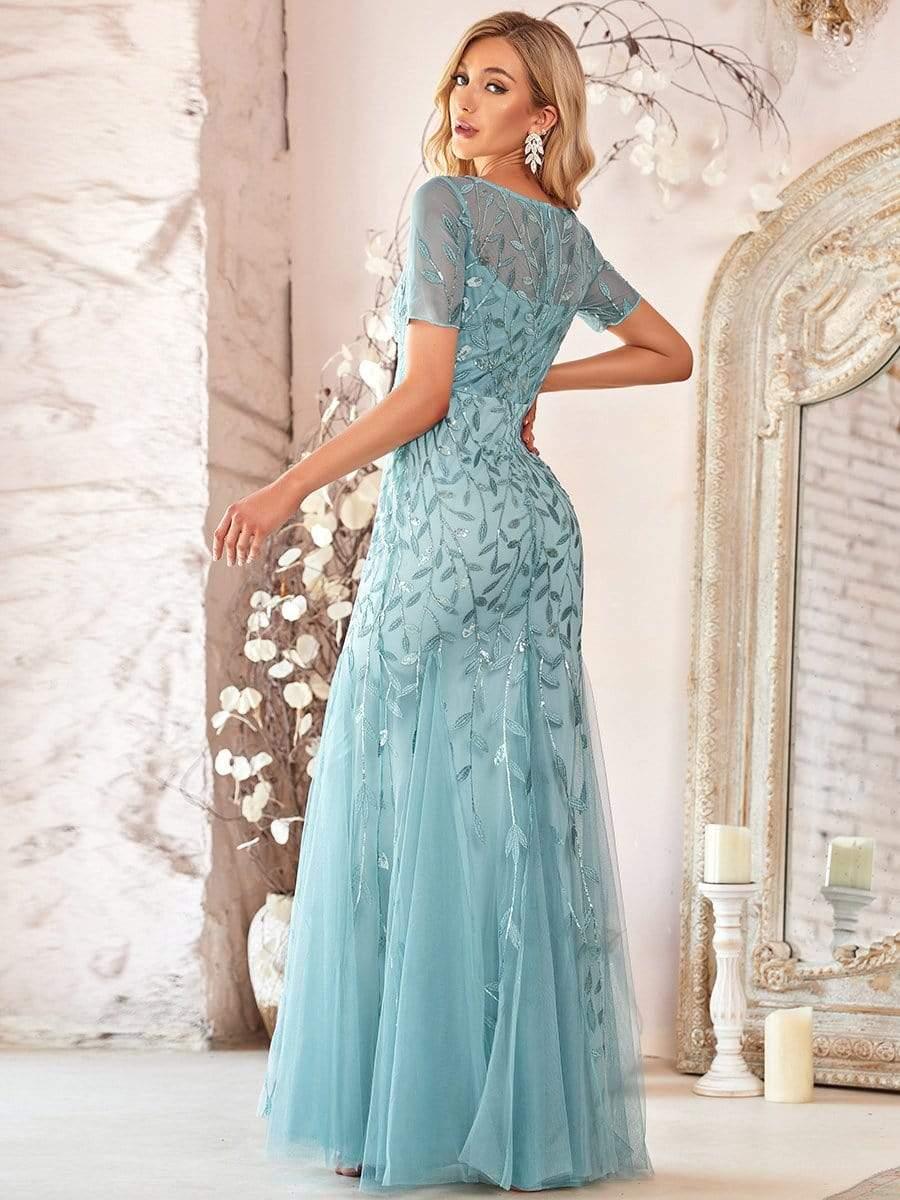 Henrietta | Fishtail Prom Dress with Sequin Leaf Pattern and Half Sleeves