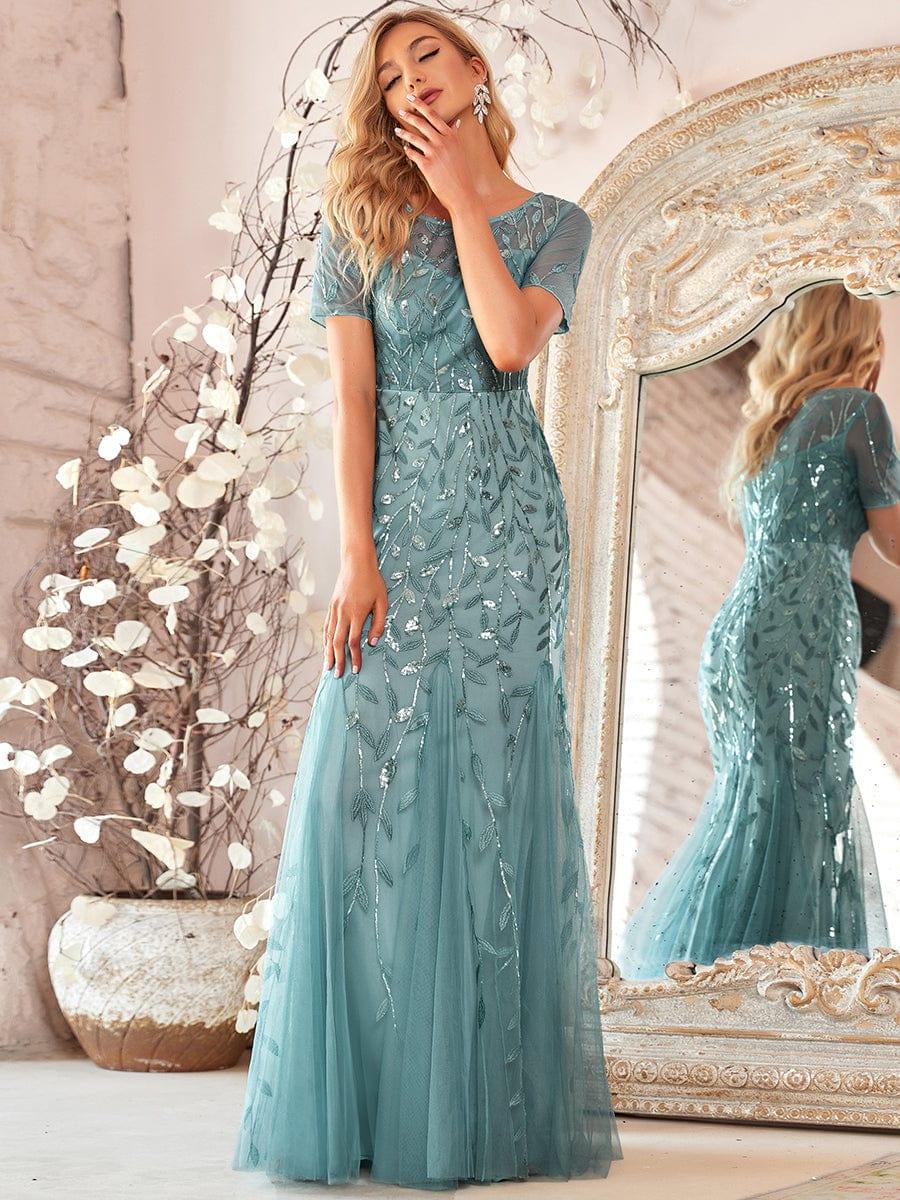 Henrietta | Fishtail Prom Dress with Sequin Leaf Pattern and Half Sleeves