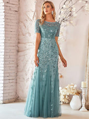 Henrietta | Fishtail Prom Dress with Sequin Leaf Pattern and Half Sleeves