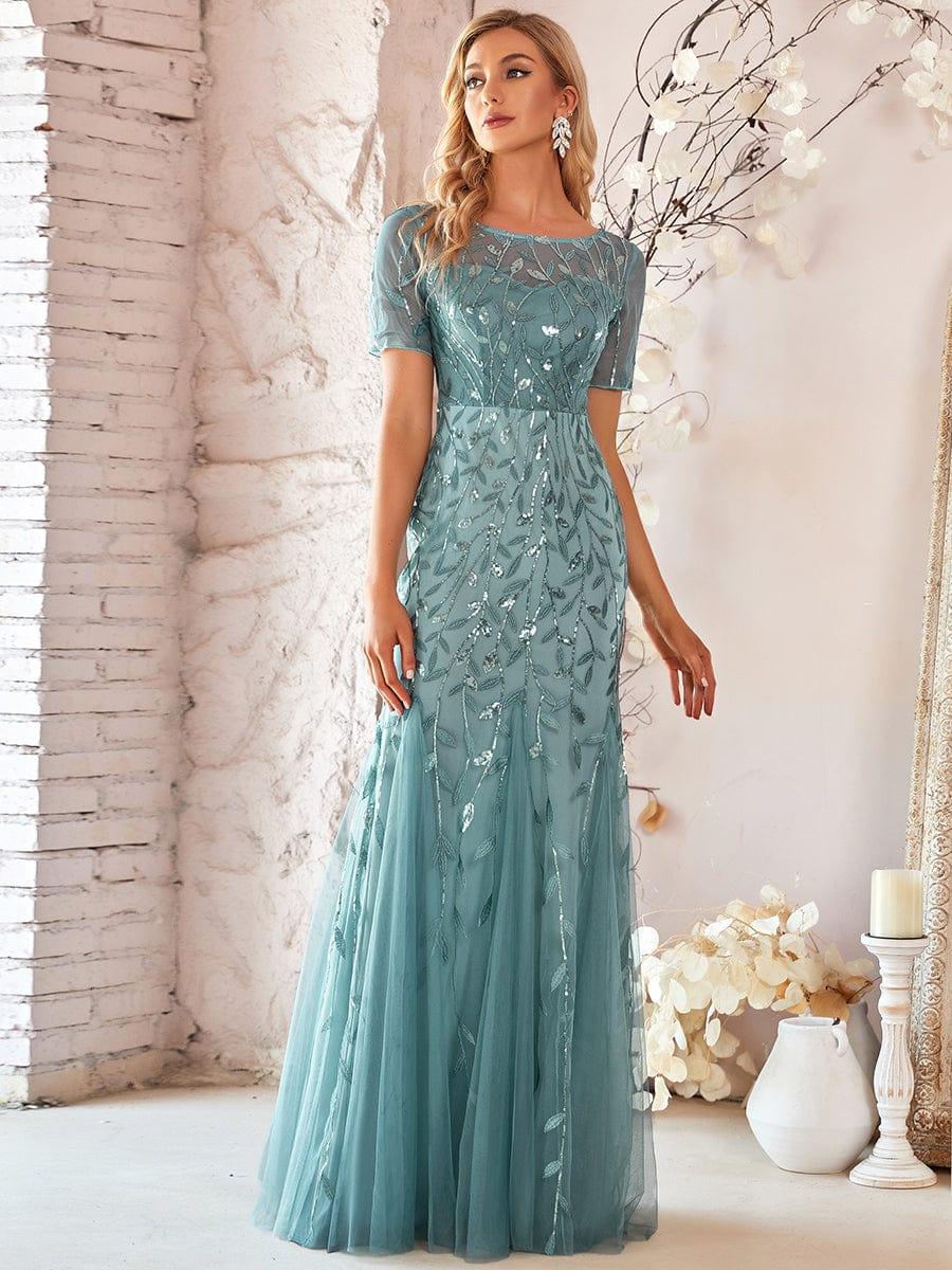 Henrietta | Fishtail Prom Dress with Sequin Leaf Pattern and Half Sleeves