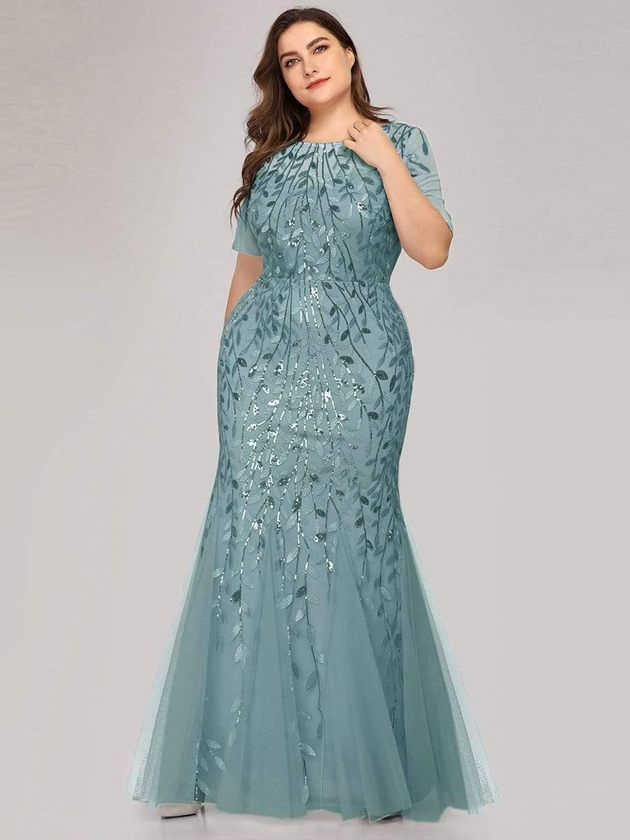 Henrietta | Fishtail Prom Dress with Sequin Leaf Pattern and Half Sleeves