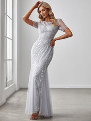 Henrietta | Fishtail Prom Dress with Sequin Leaf Pattern and Half Sleeves