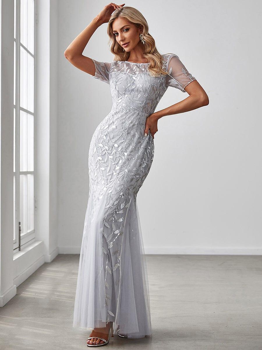 Henrietta | Fishtail Prom Dress with Sequin Leaf Pattern and Half Sleeves