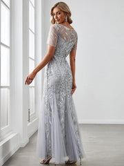 Henrietta | Fishtail Prom Dress with Sequin Leaf Pattern and Half Sleeves
