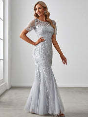 Henrietta | Fishtail Prom Dress with Sequin Leaf Pattern and Half Sleeves