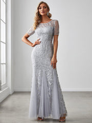 Henrietta | Fishtail Prom Dress with Sequin Leaf Pattern and Half Sleeves