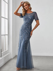 Henrietta | Fishtail Prom Dress with Sequin Leaf Pattern and Half Sleeves
