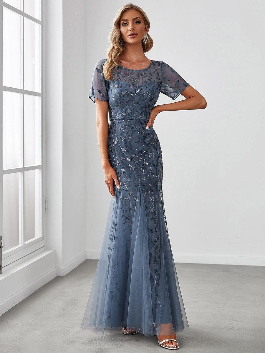 Henrietta | Fishtail Prom Dress with Sequin Leaf Pattern and Half Sleeves