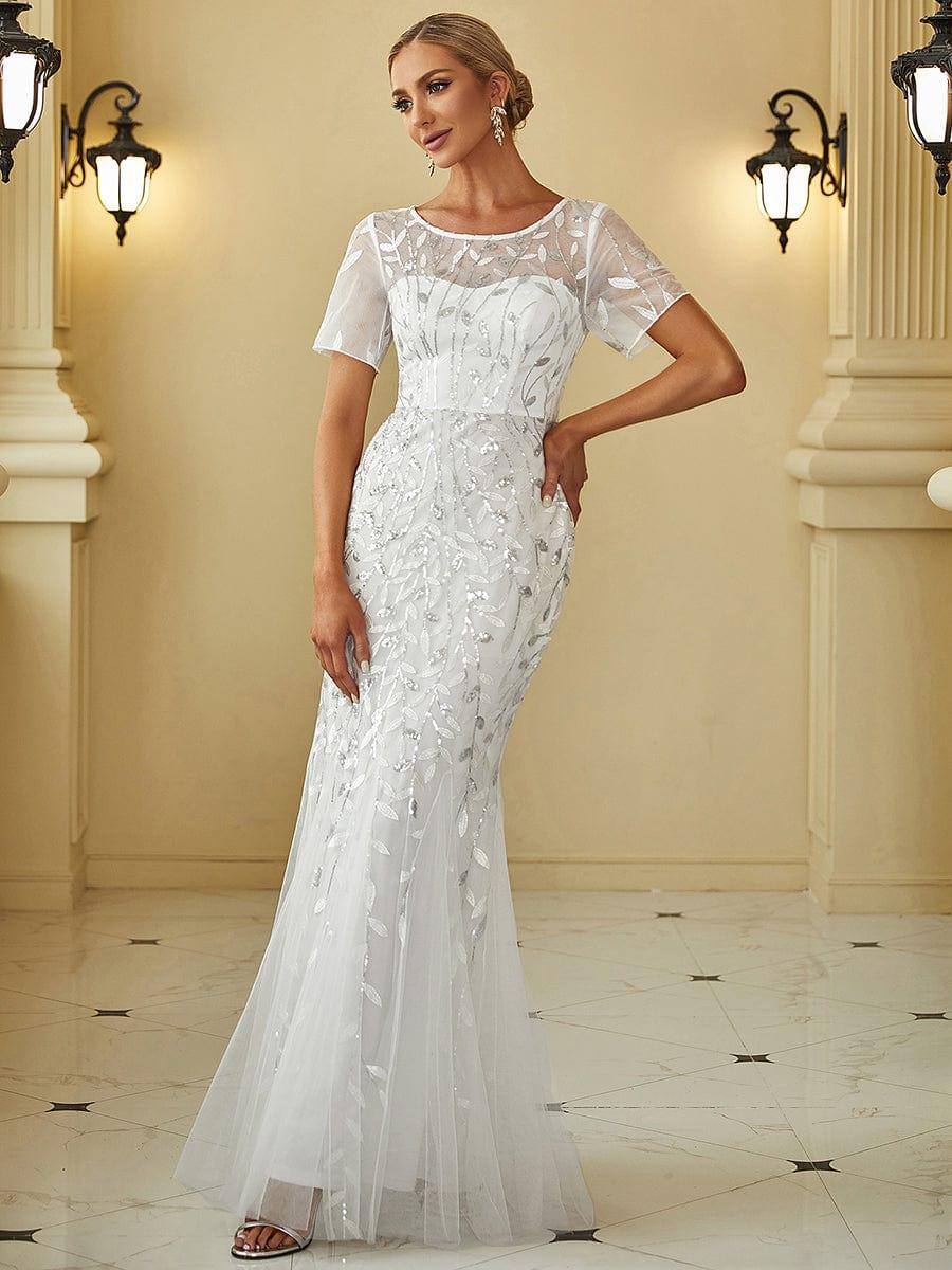 Henrietta | Fishtail Prom Dress with Sequin Leaf Pattern and Half Sleeves