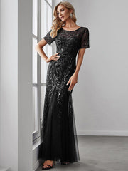 Henrietta | Fishtail Prom Dress with Sequin Leaf Pattern and Half Sleeves