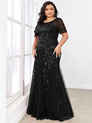 Henrietta | Fishtail Prom Dress with Sequin Leaf Pattern and Half Sleeves