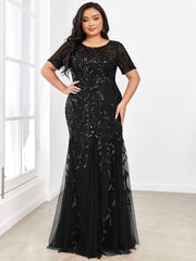 Henrietta | Fishtail Prom Dress with Sequin Leaf Pattern and Half Sleeves