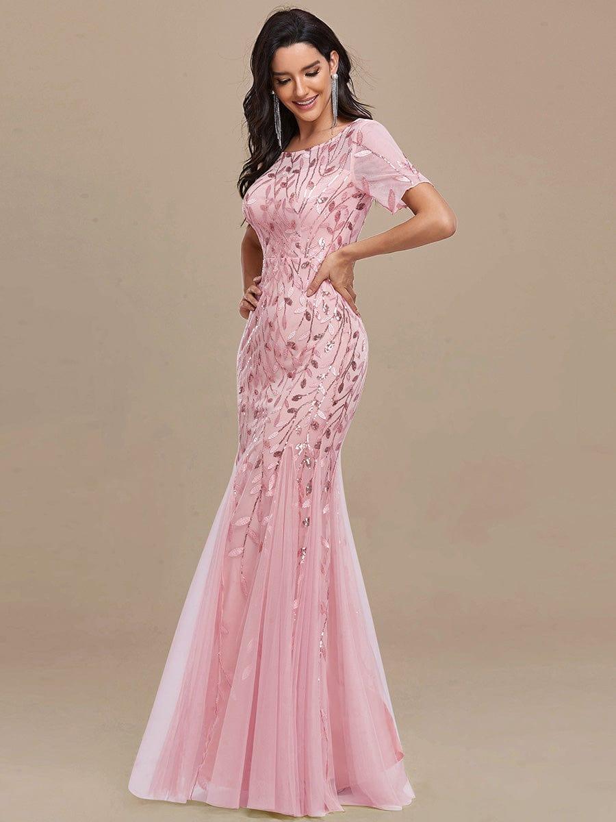Henrietta | Fishtail Prom Dress with Sequin Leaf Pattern and Half Sleeves
