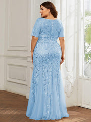 Henrietta | Fishtail Prom Dress with Sequin Leaf Pattern and Half Sleeves