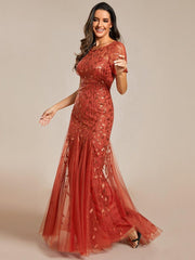 Henrietta | Fishtail Prom Dress with Sequin Leaf Pattern and Half Sleeves