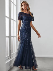 Henrietta | Fishtail Prom Dress with Sequin Leaf Pattern and Half Sleeves