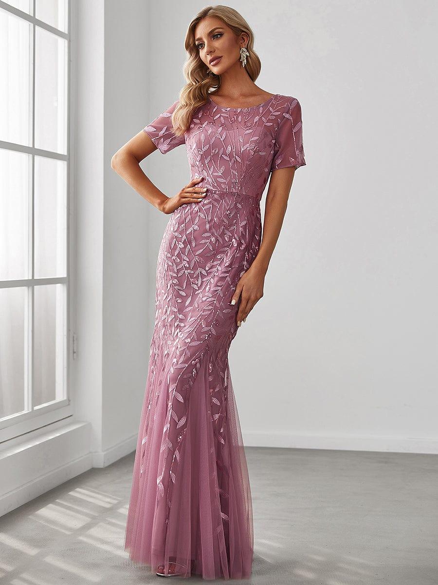 Henrietta | Fishtail Prom Dress with Sequin Leaf Pattern and Half Sleeves