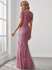 Henrietta | Fishtail Prom Dress with Sequin Leaf Pattern and Half Sleeves