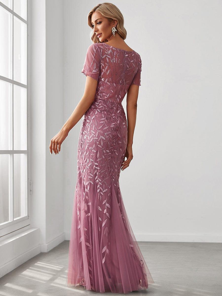 Henrietta | Fishtail Prom Dress with Sequin Leaf Pattern and Half Sleeves