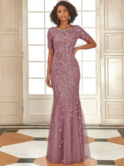 Henrietta | Fishtail Prom Dress with Sequin Leaf Pattern and Half Sleeves
