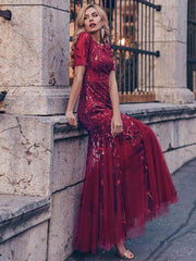 Henrietta | Fishtail Prom Dress with Sequin Leaf Pattern and Half Sleeves