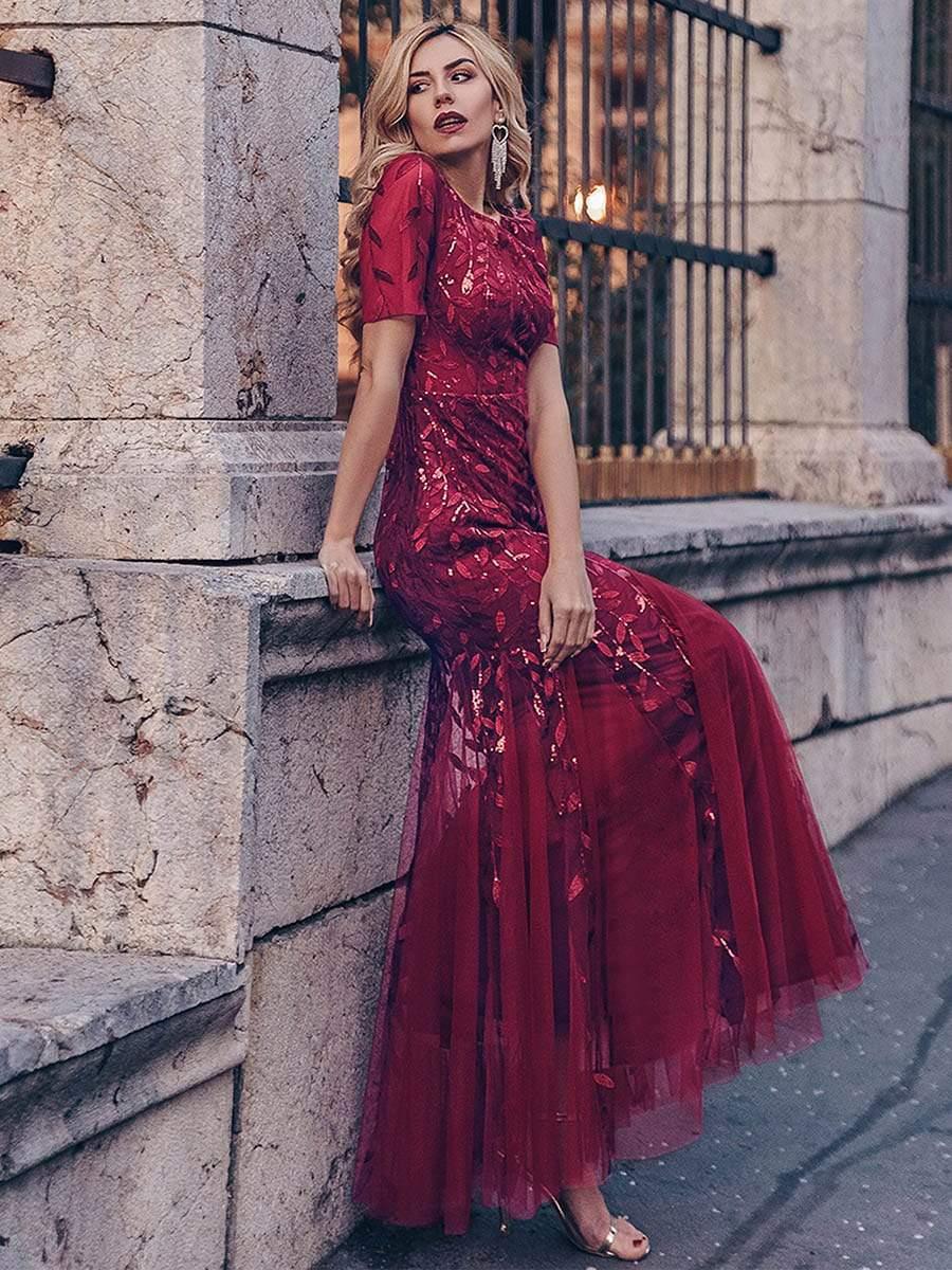 Henrietta | Fishtail Prom Dress with Sequin Leaf Pattern and Half Sleeves