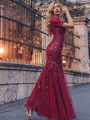 Henrietta | Fishtail Prom Dress with Sequin Leaf Pattern and Half Sleeves