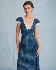 Ilaria | Ruched V-Neck Polka Dot Maxi Dress
