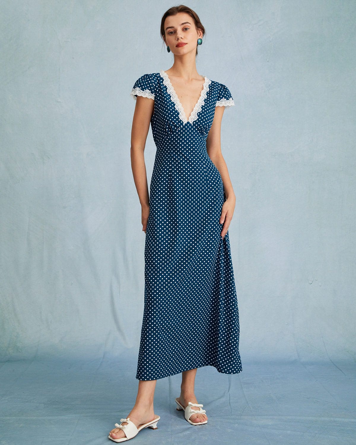 Ilaria | Ruched V-Neck Polka Dot Maxi Dress