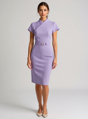 Iona | Asymmetrical Belted Wedding Guest Midi Dress - Purple / S(4-6)